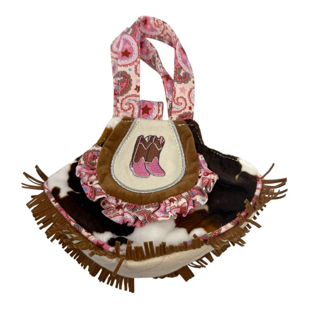 Douglas Sassy Pet Saks Cow Print Fringe Pink Cowboy Boot Plush Carrier Bag